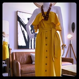 Strapless Mustard Yellow Vacation Dress w/ Pockets